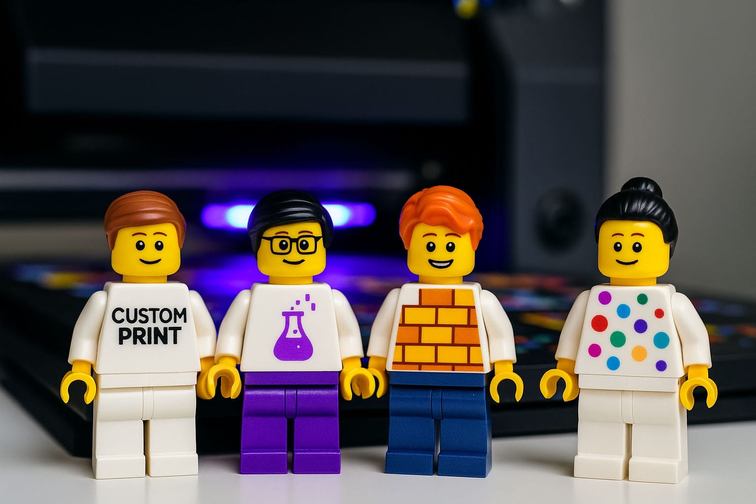 Four custom LEGO figures with unique printed designs.
