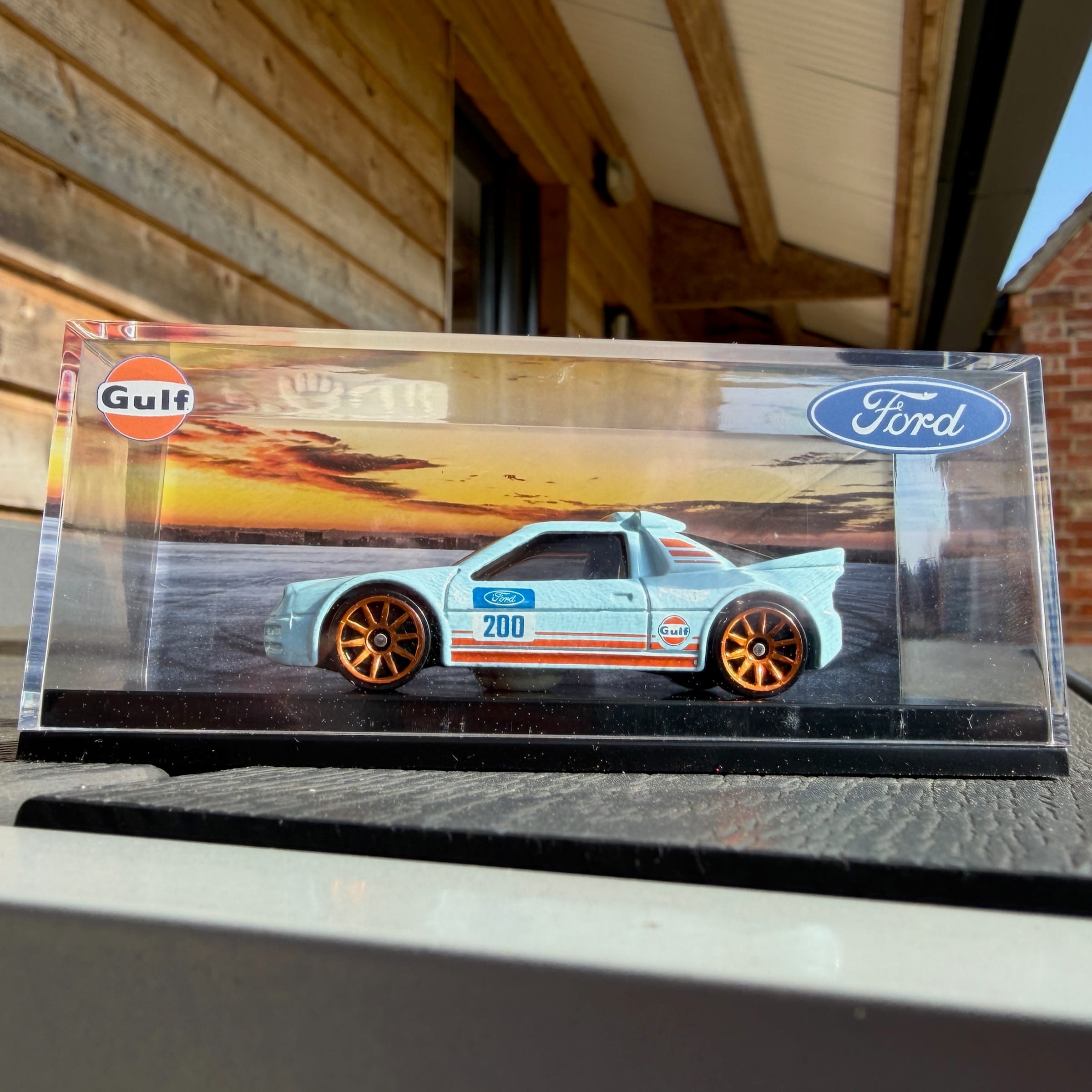 Ford Gulf racing car model in display case