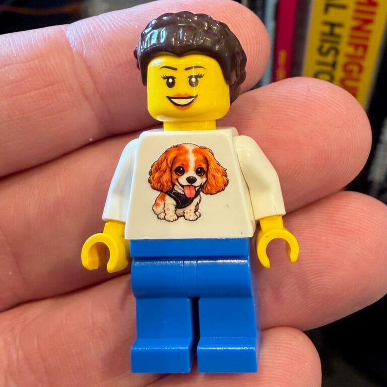 LEGO minifigure with dog print shirt held in hand