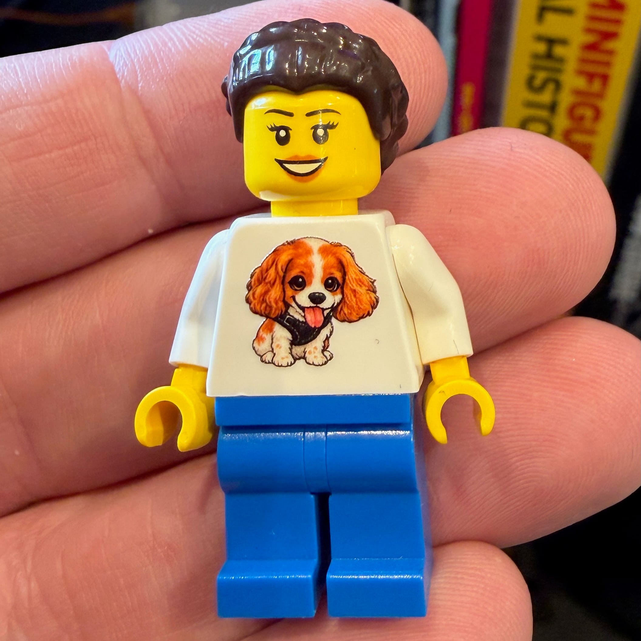 LEGO minifigure with dog print shirt held in hand
