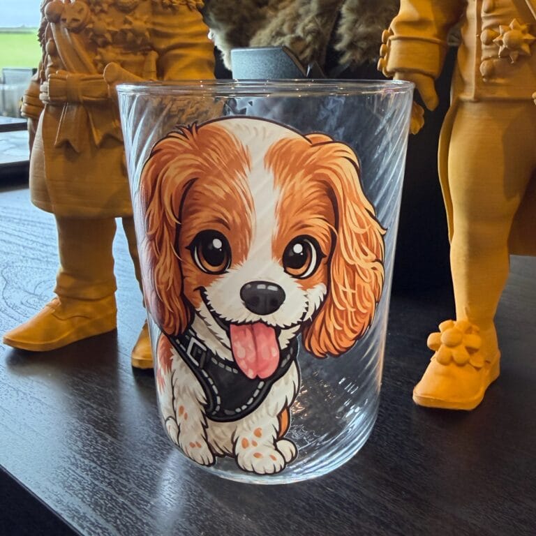 Glass mug with cartoon spaniel dog illustration design