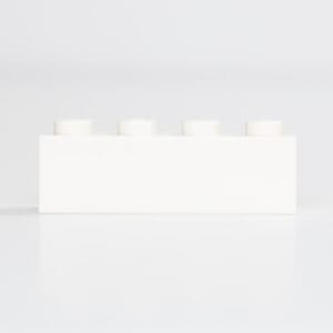 Single white LEGO® brick with four studs on white background